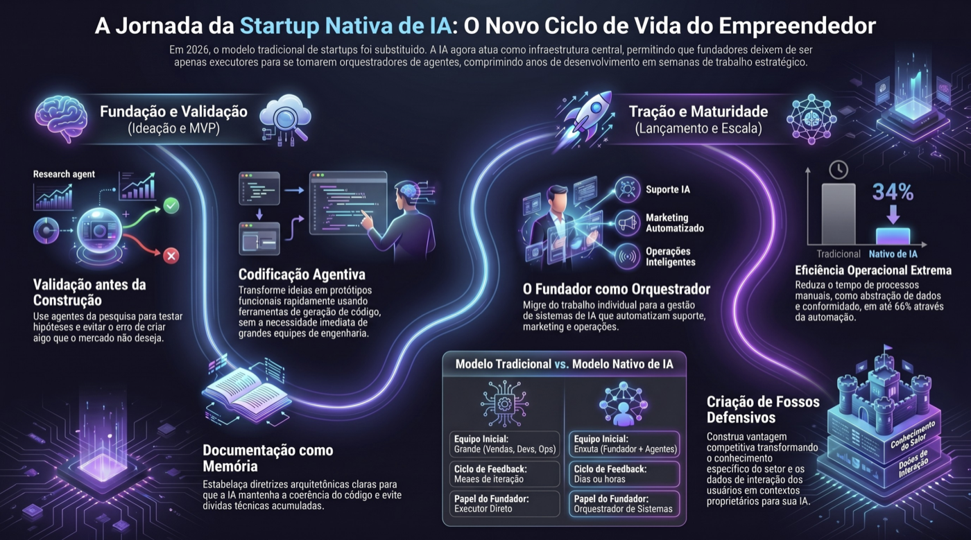 Infográfico: A jornada da startup nativa de IA — o novo ciclo de vida do empreendedor