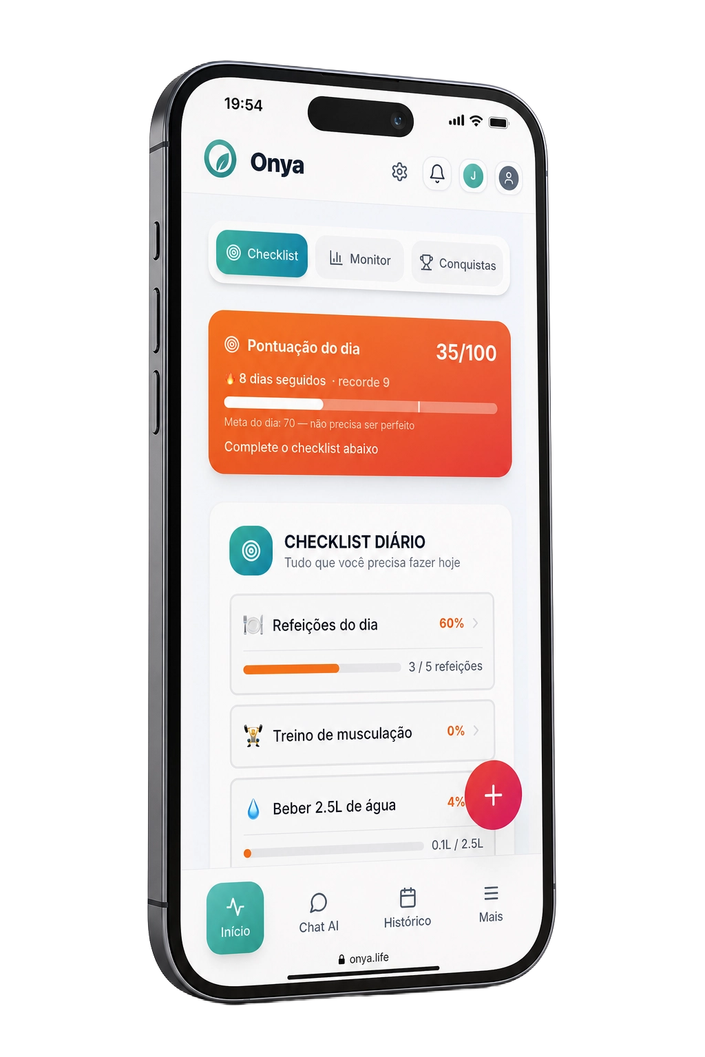 App Onya — painel do paciente com checklist diário de saúde